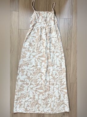 Monteau Los Angeles Beige Floral Print Spaghetti Strap Maxi Dress Linen Blend L